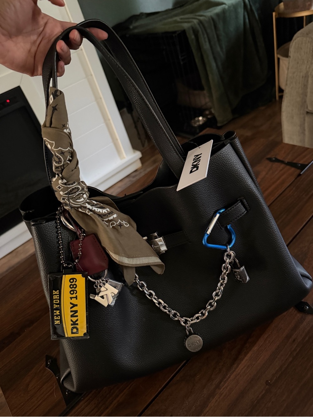 DKNY Black Pebbled Leather Tote with Decorative Charms and Scarf